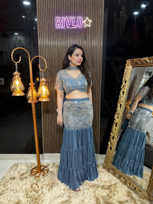✨ Dusty Blue And Olive Tiered Skirt & Embellished Blouse Set ✨ RC371