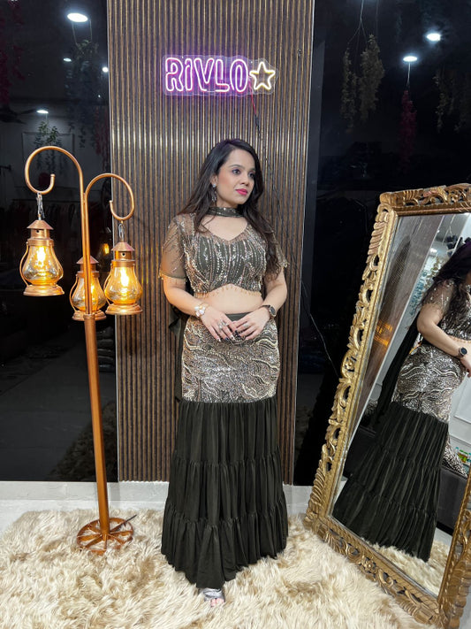 ✨ Dusty Blue And Olive Tiered Skirt & Embellished Blouse Set ✨ RC371