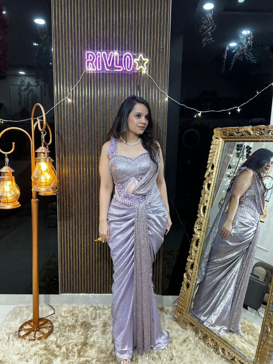 Lavender Sequin Draped Saree RC377