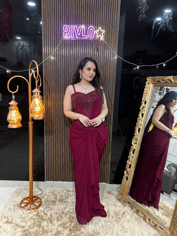 Blood Red And Midnight Navy Draped Saree RC382