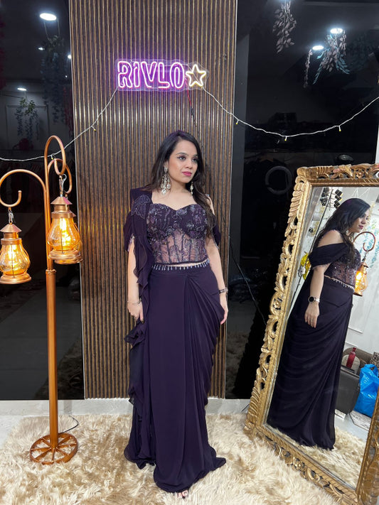 ✨Plum Pre-Draped Saree with Embellished Blouse ✨ RC320