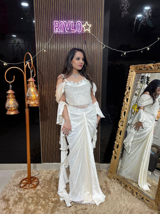 Gold Beidge And White Embellished Corset & Draped Skirt Set RC388