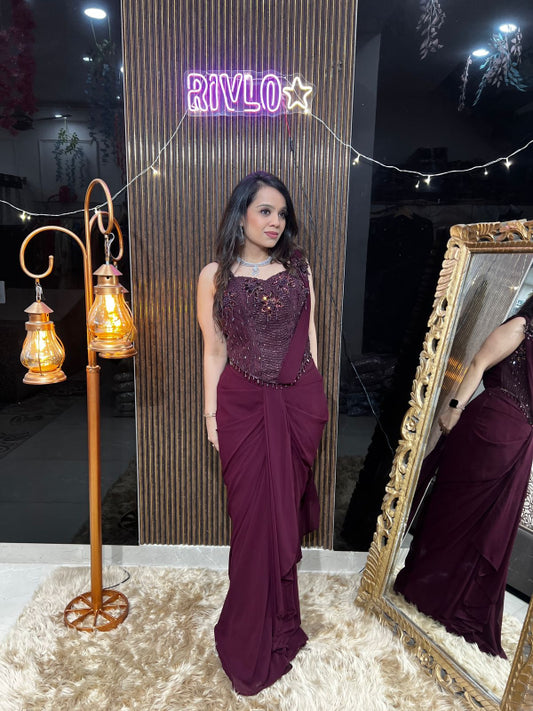 Wine And Black Corset Saree RC391