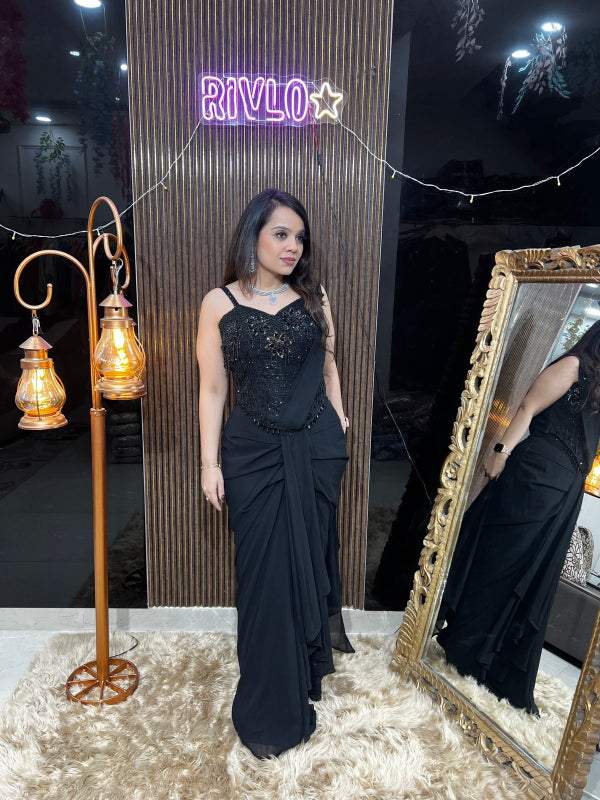 Wine And Black Corset Saree RC391