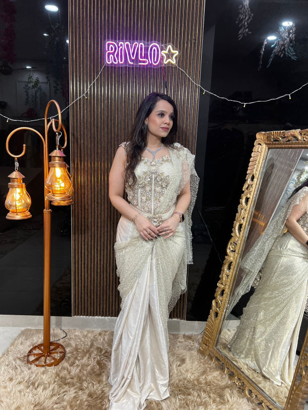 ✨ Ivory Embellished Indo-Western Drape Set AC06