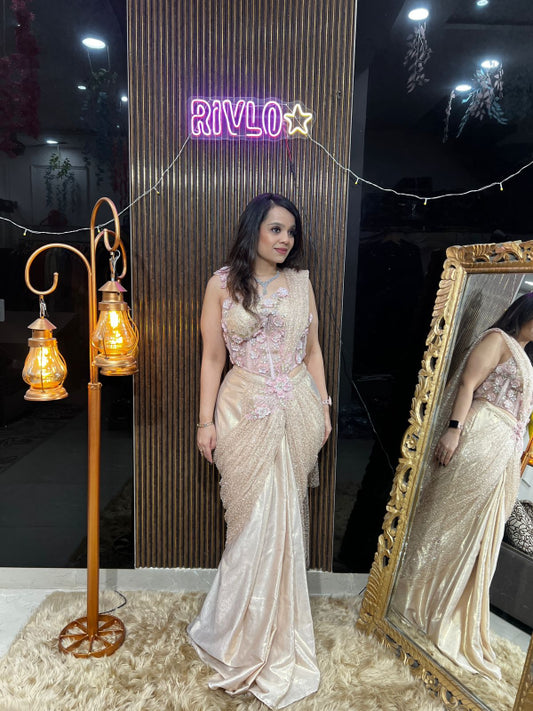 ✨ Rose Gold Embellished Indo-Western Drape Set AC08