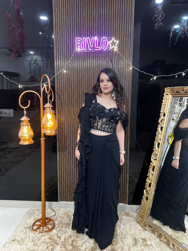 ✨Black Pre-Draped Saree with Embellished Blouse ✨RC376