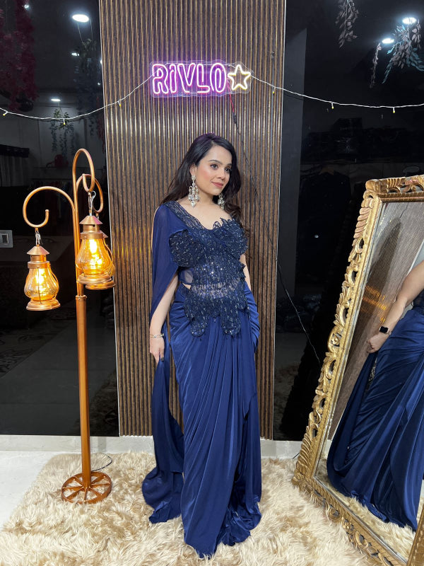 ✨ Midnight Black And Blue Sequin Drape Saree AC13
