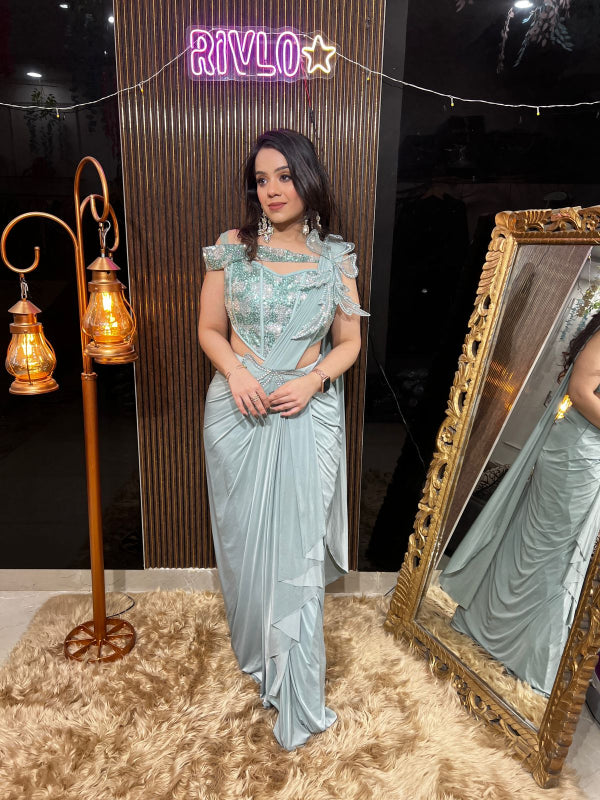 Champagne Crystal And Mint Green Drape Saree Set RC400