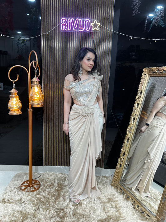 Champagne Crystal And Mint Green Drape Saree Set RC400