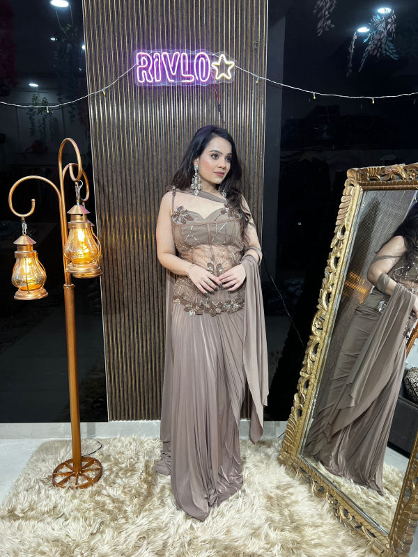 ✨ Mocha Brown Embellished Drape Saree Gown AC11