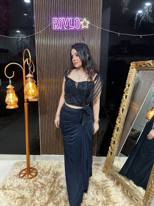 ✨ Elegant Champagne and black Drape Saree Gown AC10