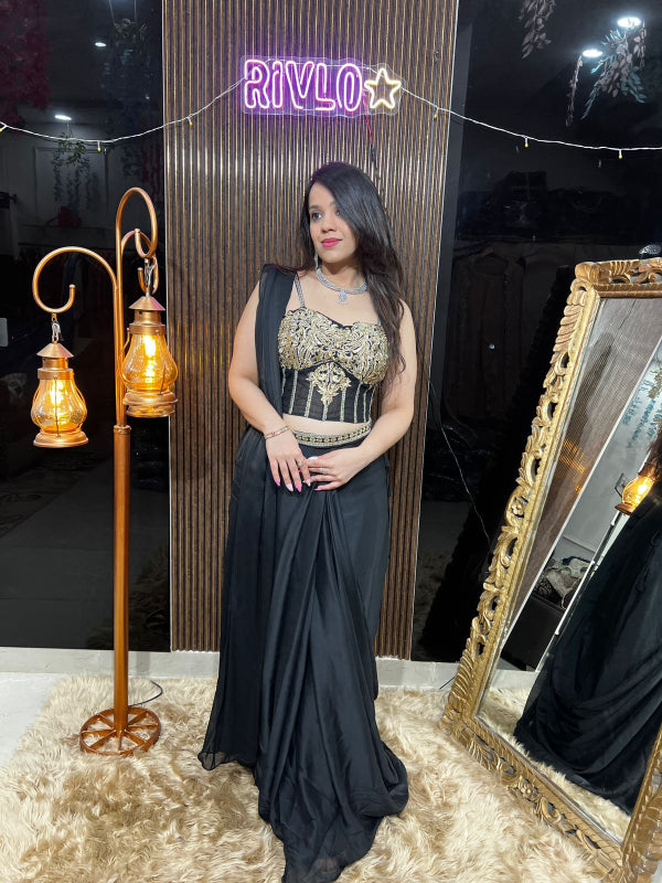 ✨Black Pre-Draped Saree with Embellished Blouse ✨✨ RC406