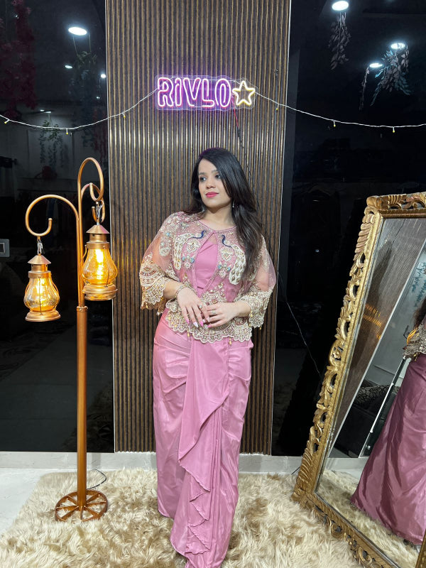 ✨ Mint Green And Baby Pink Embellished Draped Indo-Western Set RC404