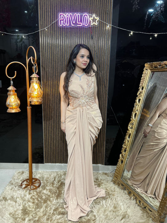 ✨ Aqua Mint And Beige One-Shoulder Embellished Draped Gown Set RC419