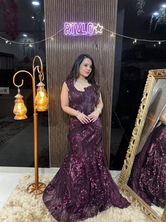 ✨ Designer Wine Sequins Embellished Mermaid Lehenga Set RC421