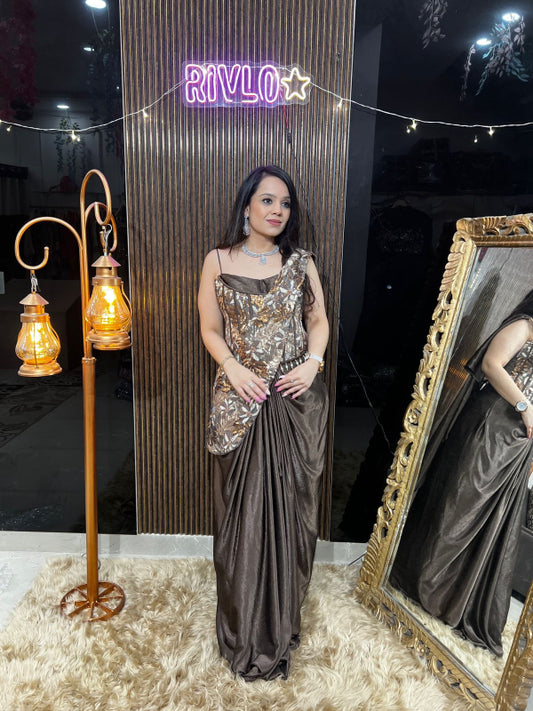 ✨ Bronze Sculpted Drape Saree with Heavy Hand-Embellished Corset Blouse RC426
