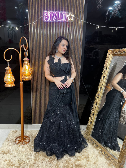✨ Scarlet Black Sequins Mermaid Drape Lehenga with Designer Cutwork Blouse RC428