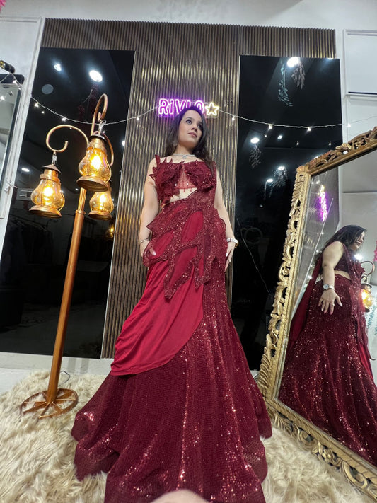 ✨ Scarlet Red Sequins Mermaid Drape Lehenga with Designer Cutwork Blouse RC427