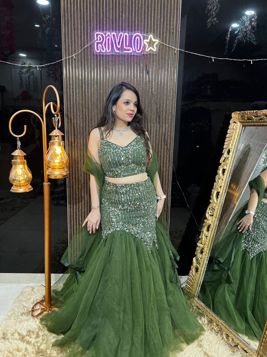 Green Embellished Fishcut Lehenga RC432