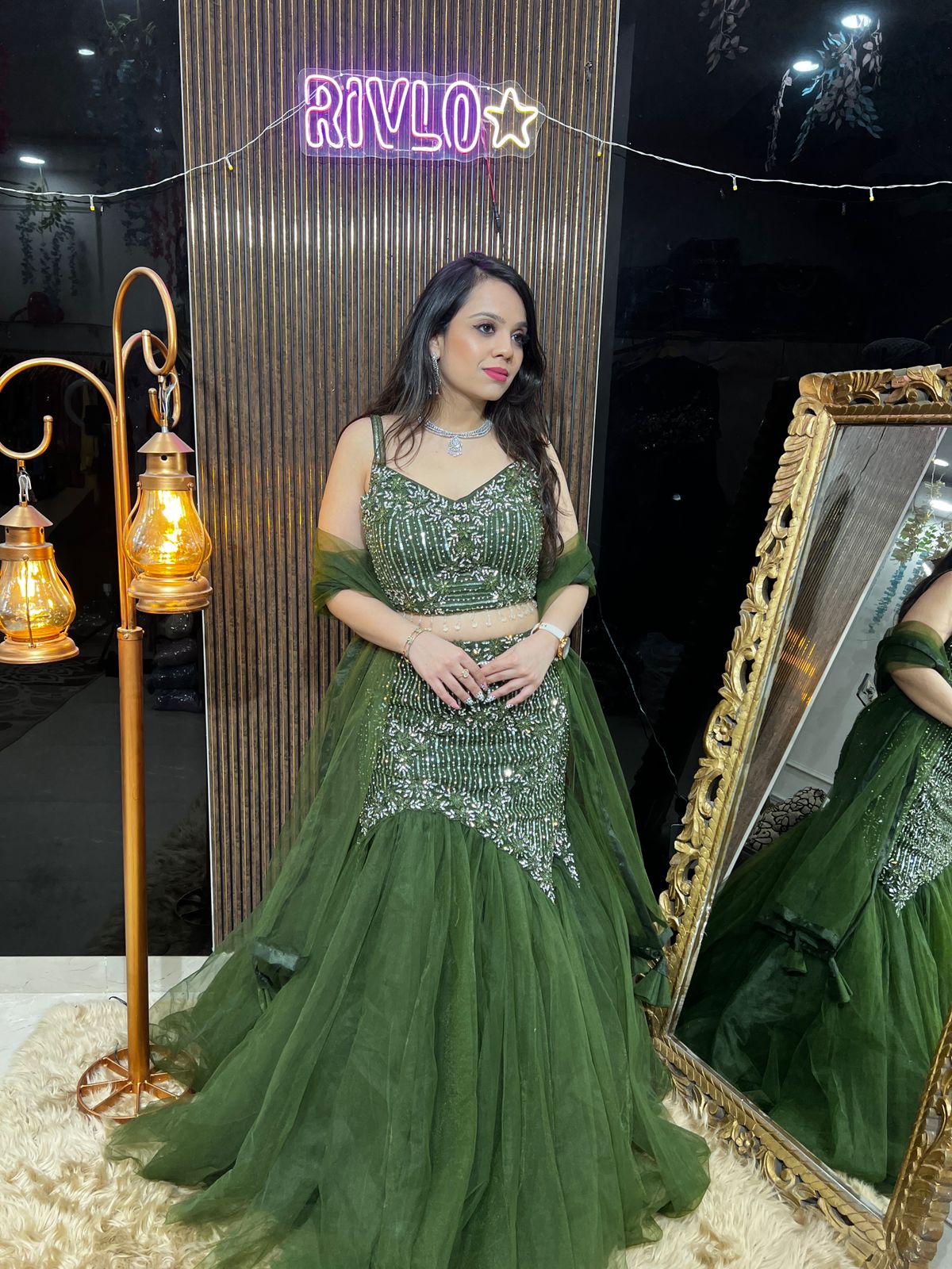 Green Embellished Fishcut Lehenga RC432