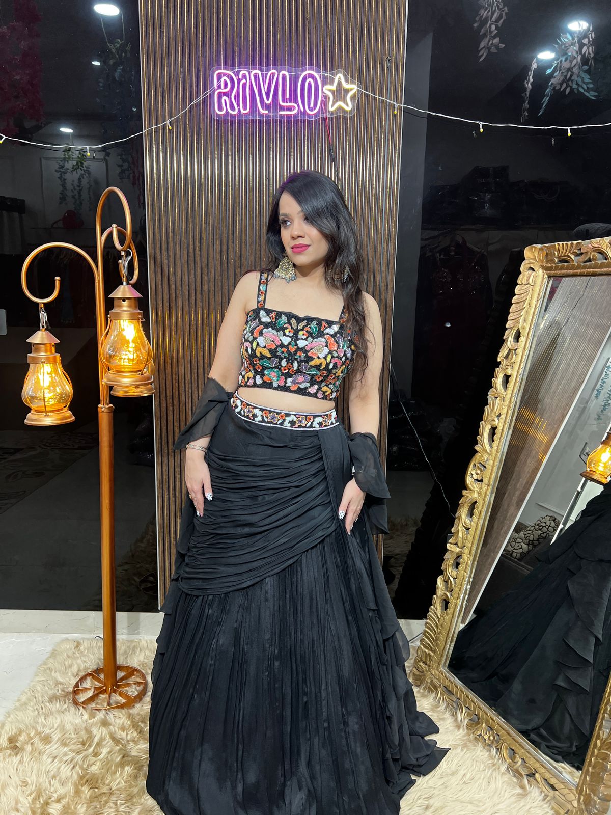 π€ Black Draped Ruffle Lehenga with Multicolour Embroidered Blouse RC436