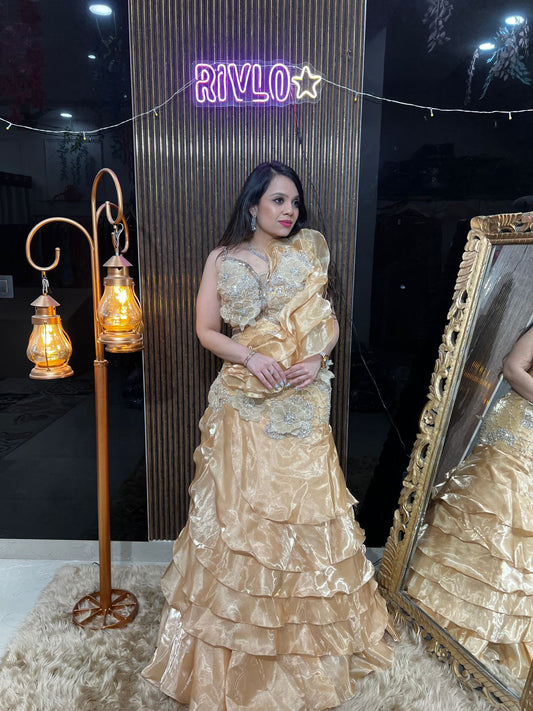 ✨ Ruffle Trail Gown with 3D Floral Handwork Bodice RC434