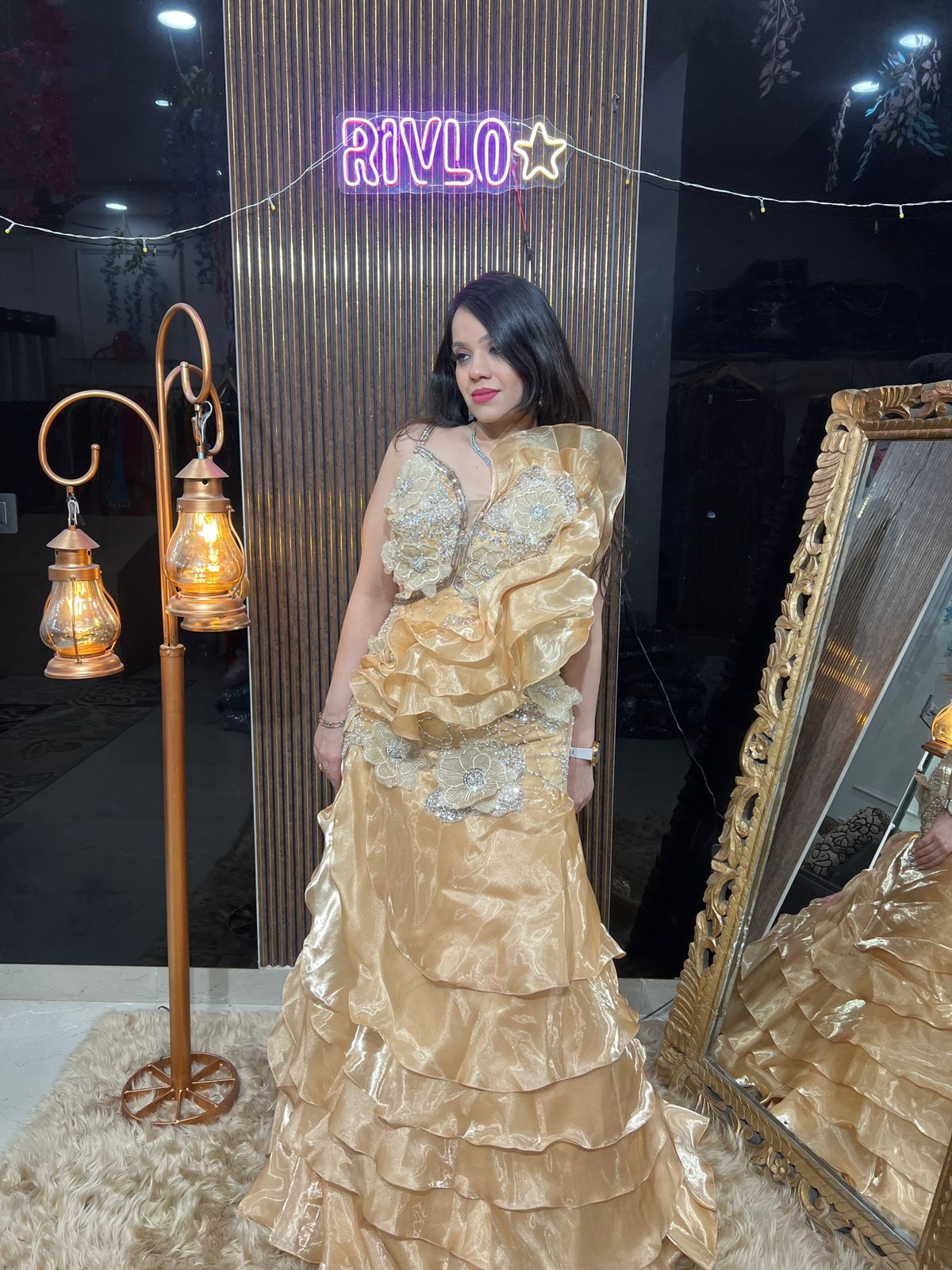 ✨ Ruffle Trail Gown with 3D Floral Handwork Bodice RC434