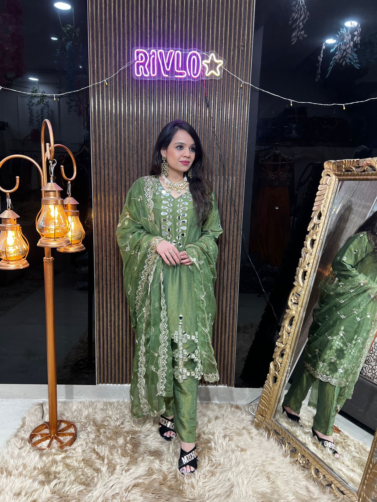 Green Mirror Work Kurta Set with Dupatta RC441