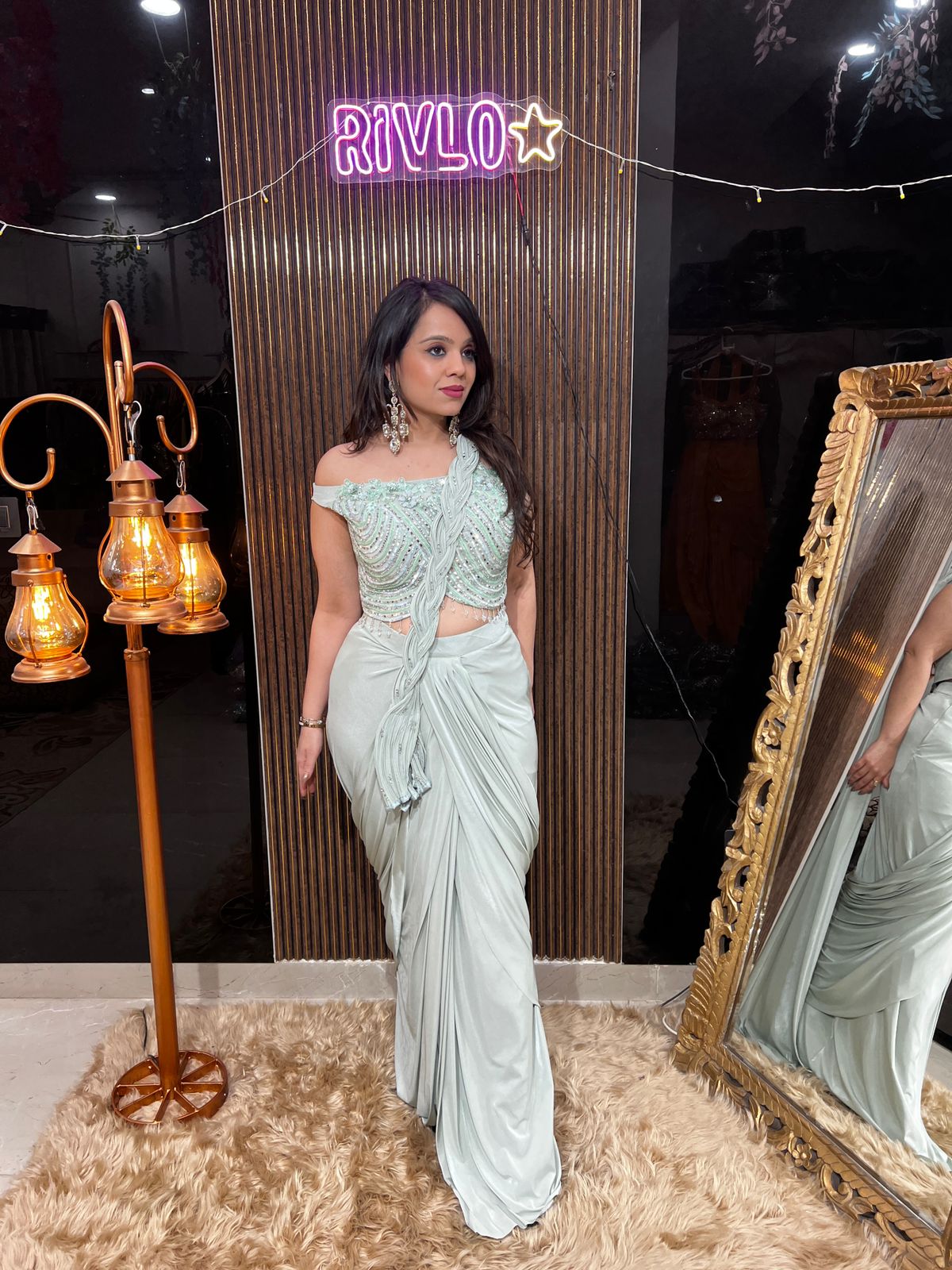 Mint Green Draped Saree with Embellished Blouse RC446