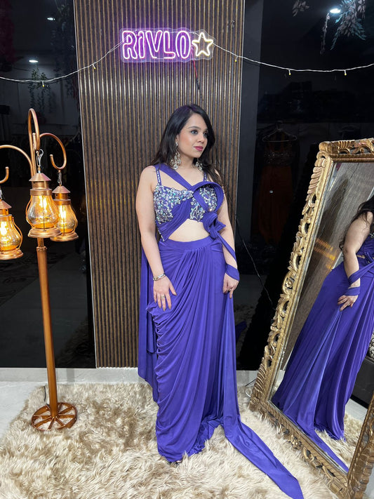 Royal Purple Draped Saree with Embellished Statement Blouse AC25