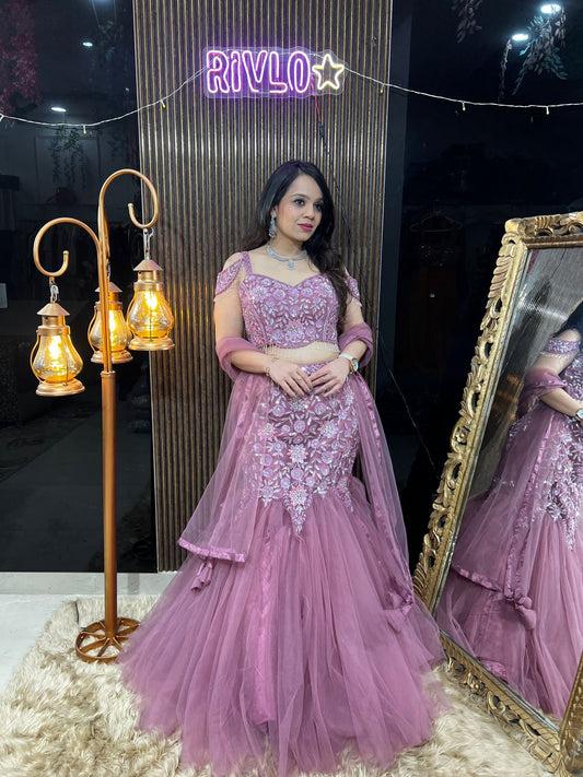 Embellished Lovely Pink Net Fishcut Lehenga with Dupatta RC444