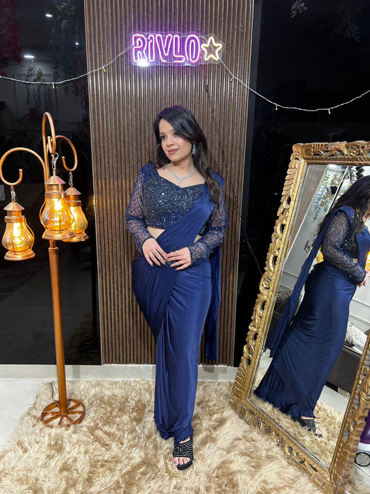 Full Sleeves Emblished Blue Drape Saree RC456