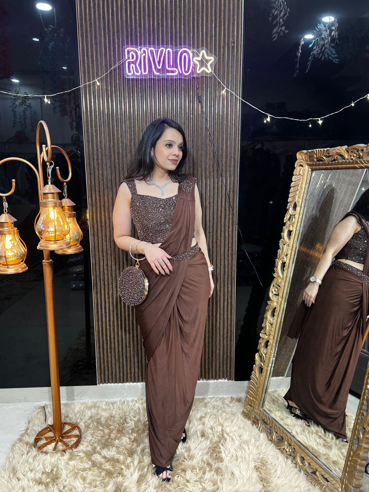 Choclate and blue drape saree set with Purse RC455