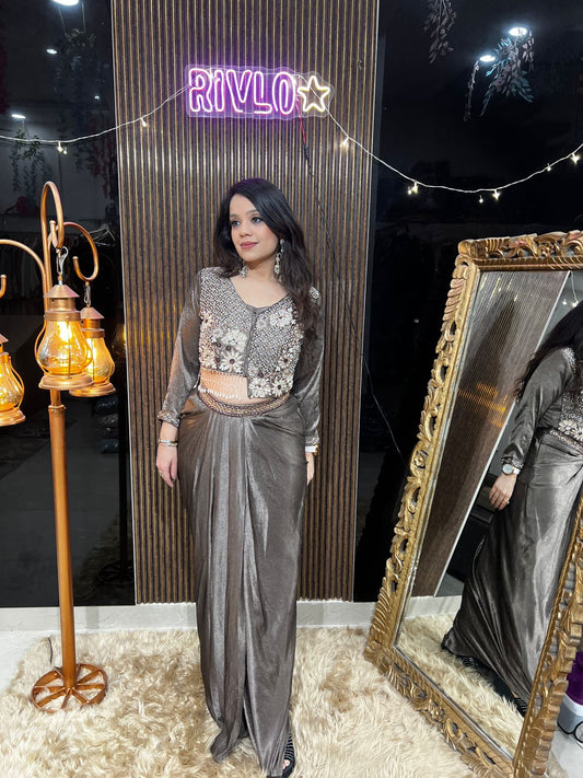 Antique Silver Draped Saree with Heavily Embellished Blouse RC461