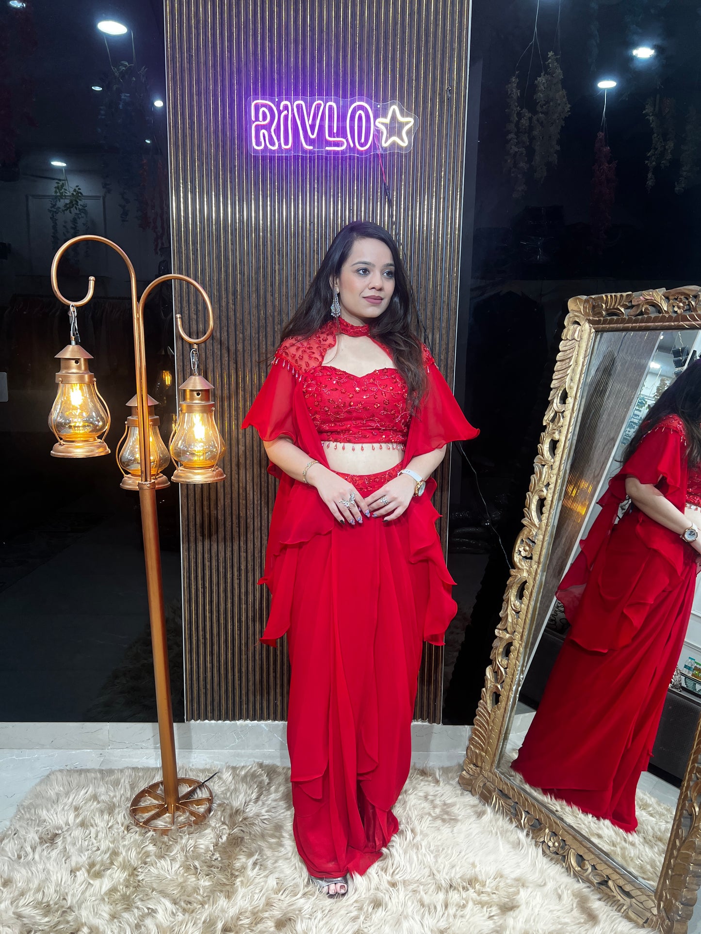 Fiery Red Embellished Pre-Draped Saree with Cape Sleeves RC364