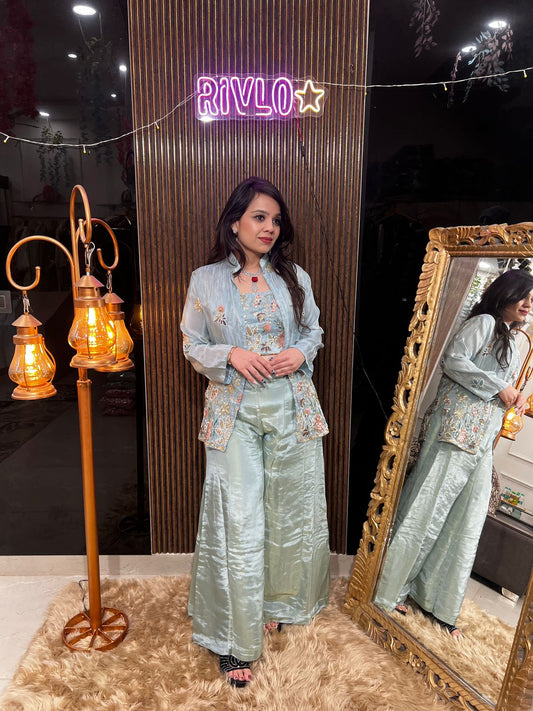 ✨ Mint Green And Baby Pink Embellished Cape Indo-Western Set RC465