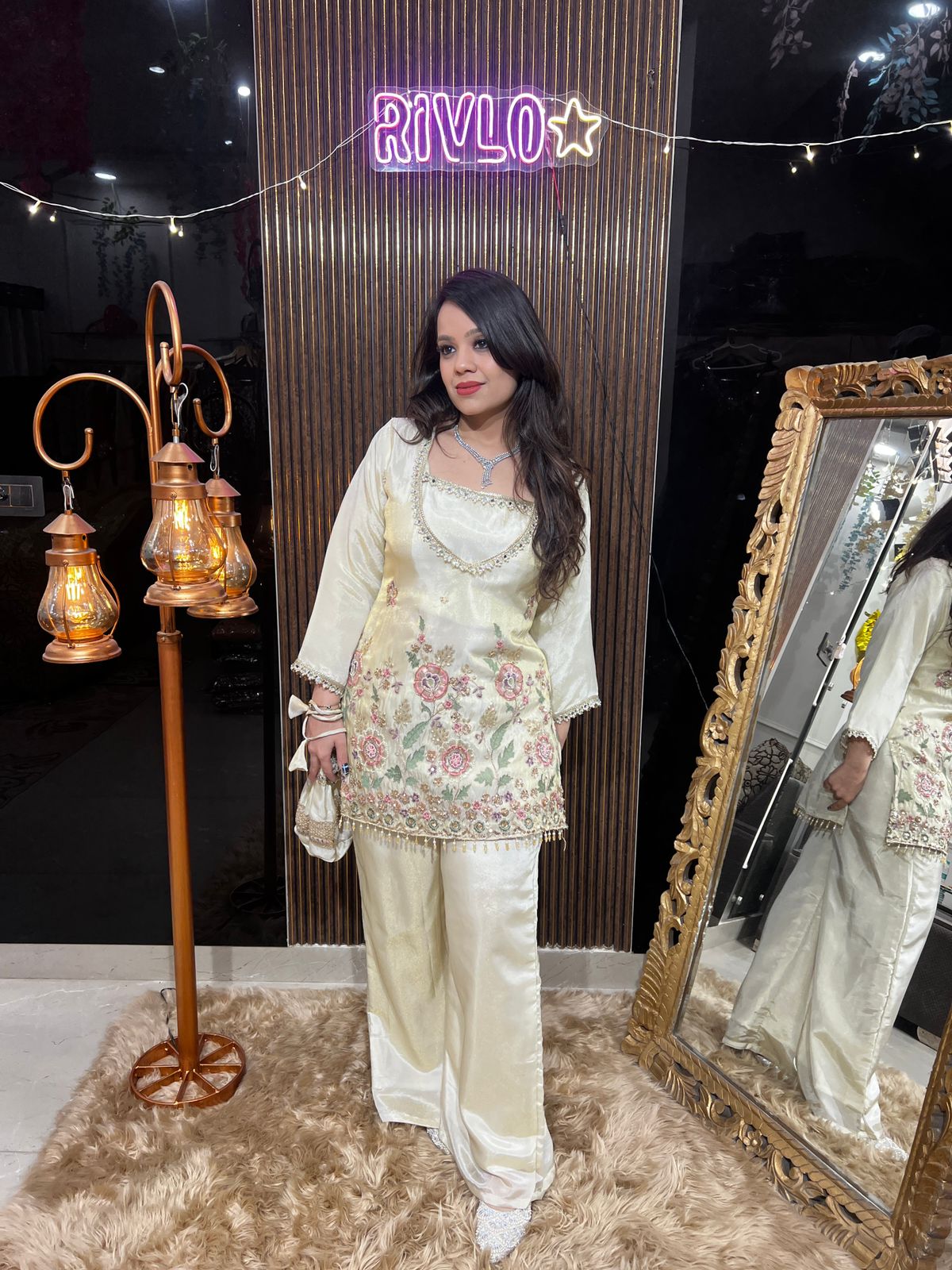 Ivory 4 Piece Embroidered Kurta Set with Flowy Palazzo RC469