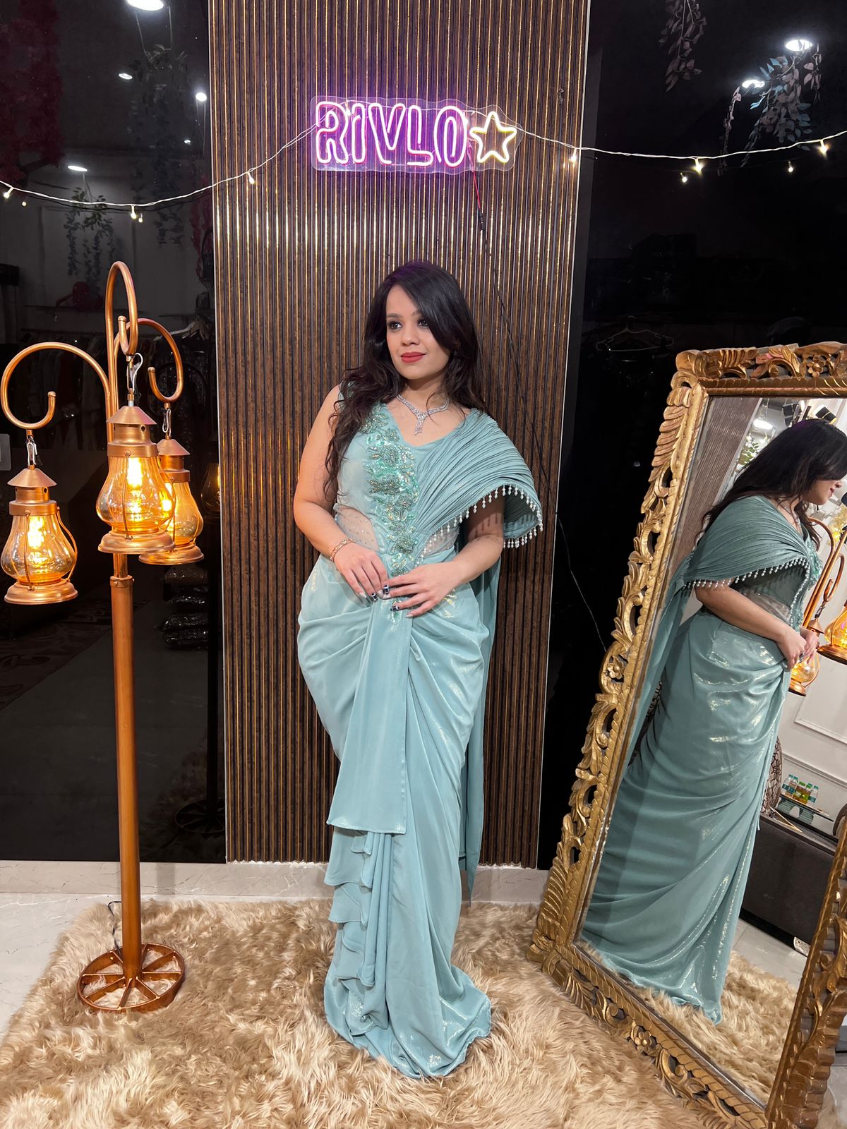 Ivory Draped Evening Gown with Embellished Detailing RC470