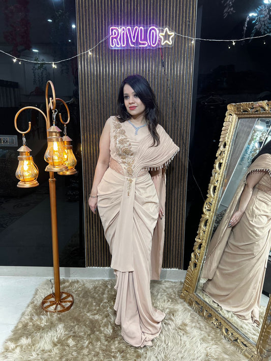 Ivory Draped Evening Gown with Embellished Detailing RC470