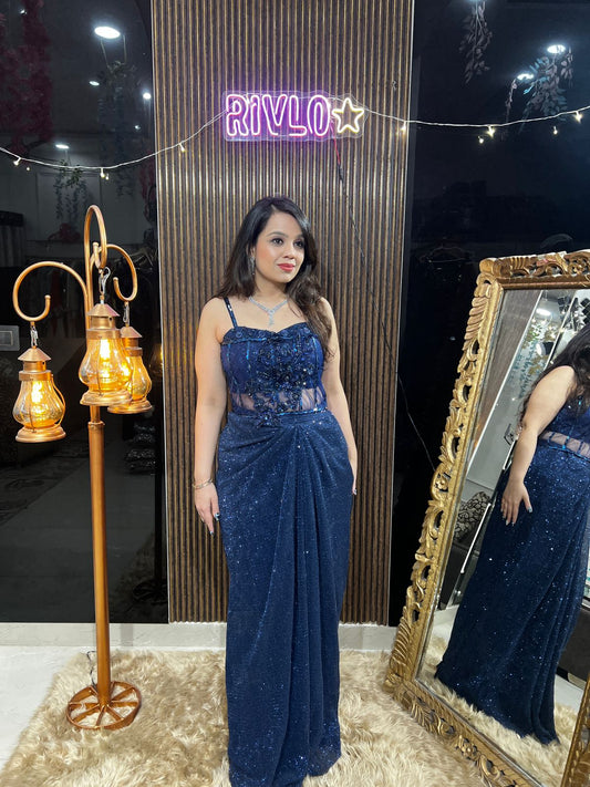 Blue Indo-Western Sequin Set with Corset Belt AC28