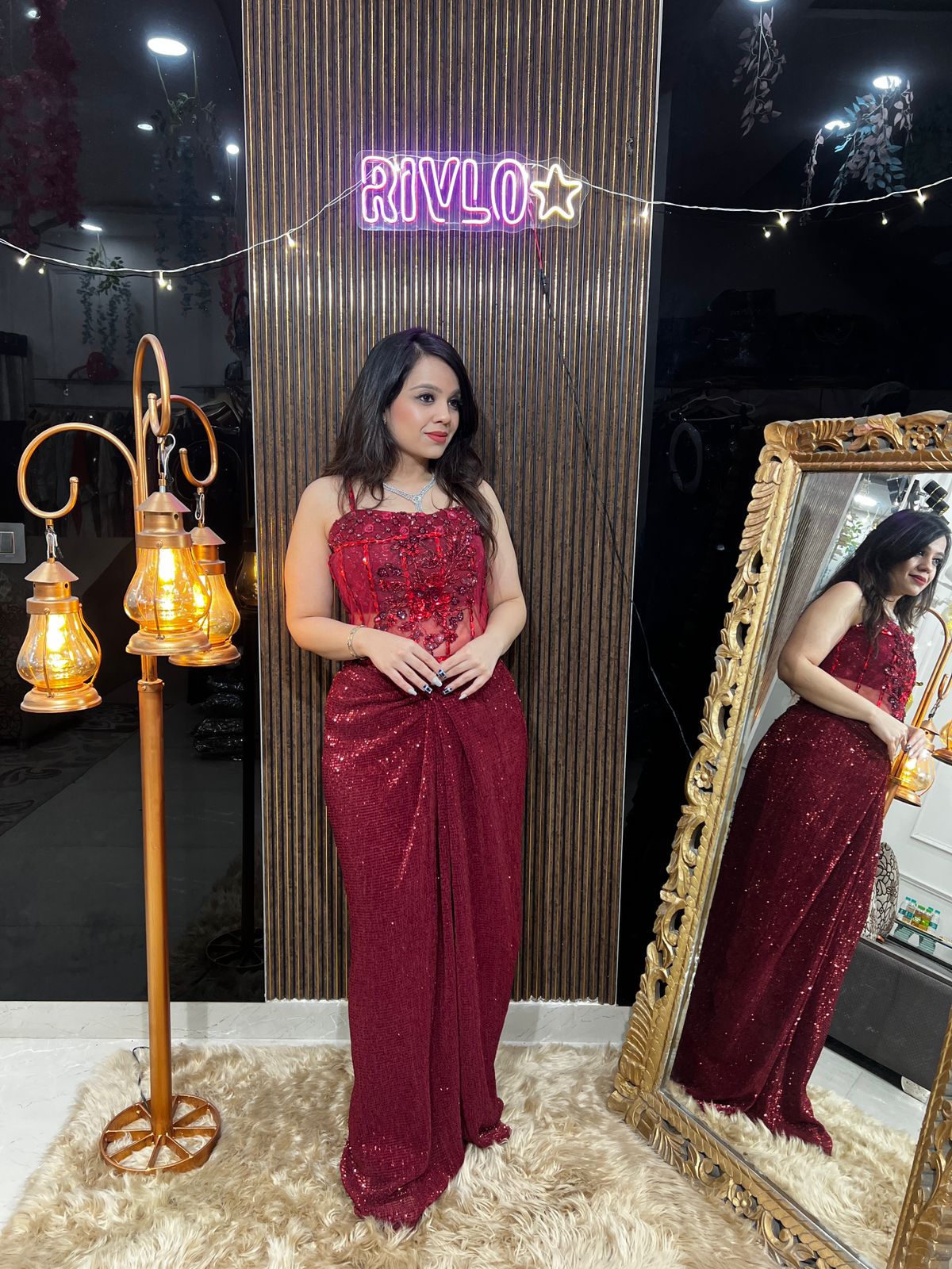 Red Indo-Western Sequin Set with Corset Belt AC27