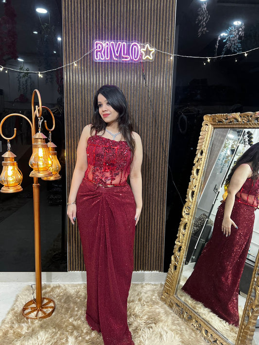 Red Indo-Western Sequin Set with Corset Belt AC27