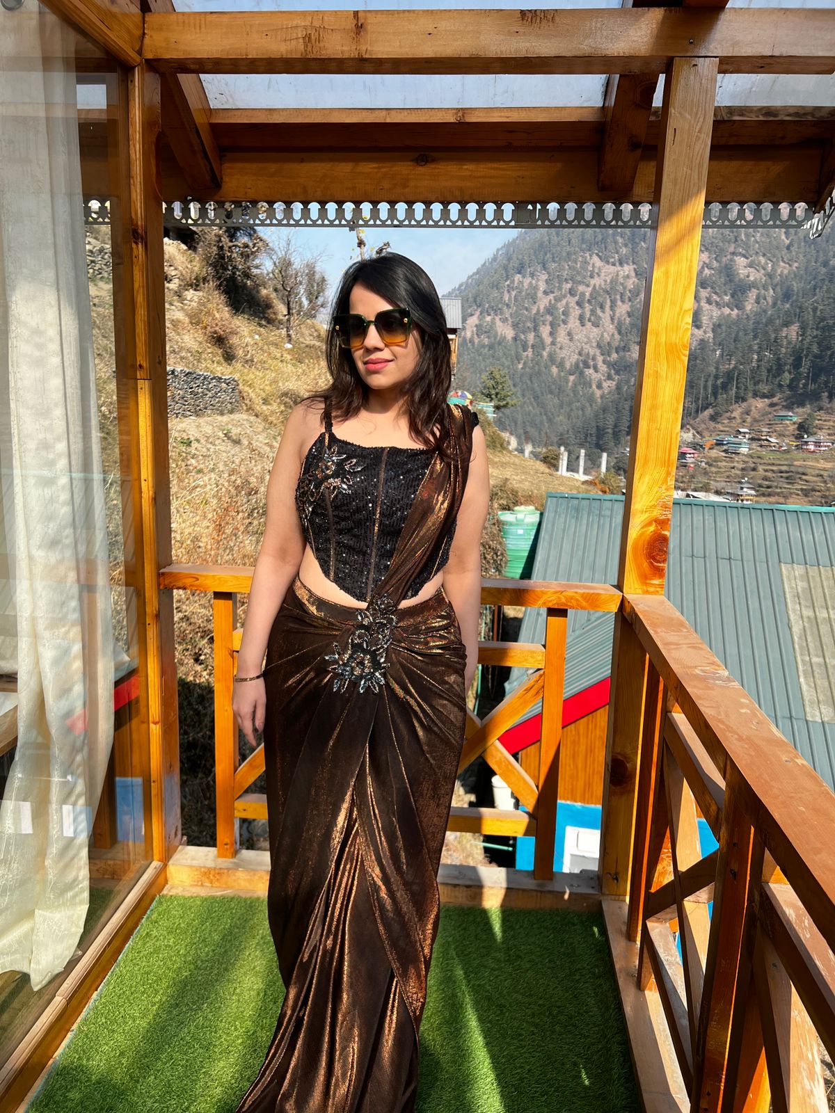 Bronze Metallic Pre-Draped Saree with Embellished Corset Blouse AC37