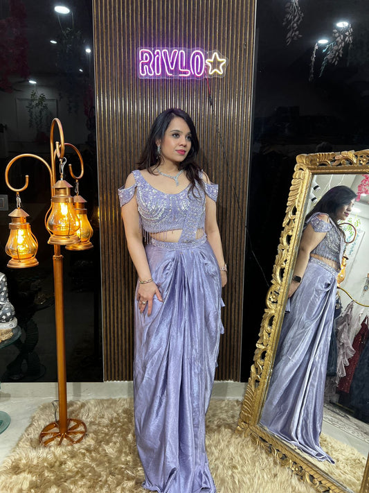 Ice Blue And Lavender Metallic Pre-Draped Saree with Embellished Corset Blouse AC39