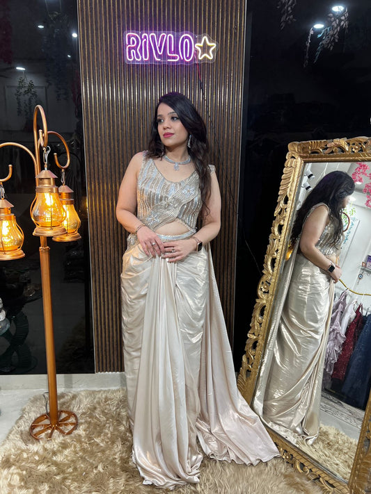 Gold Metallic Pre-Draped Saree with Embellished Cut-Out Blouse AC45