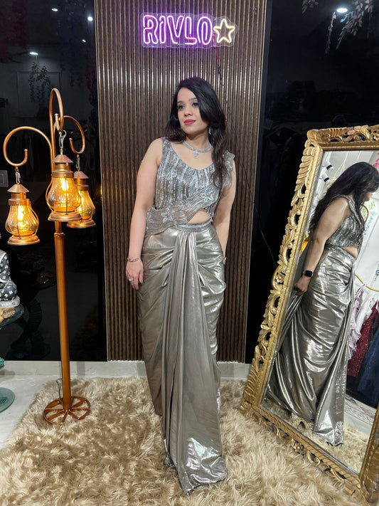 Champagne Metallic Pre-Draped Saree with Embellished Cut-Out Blouse AC44