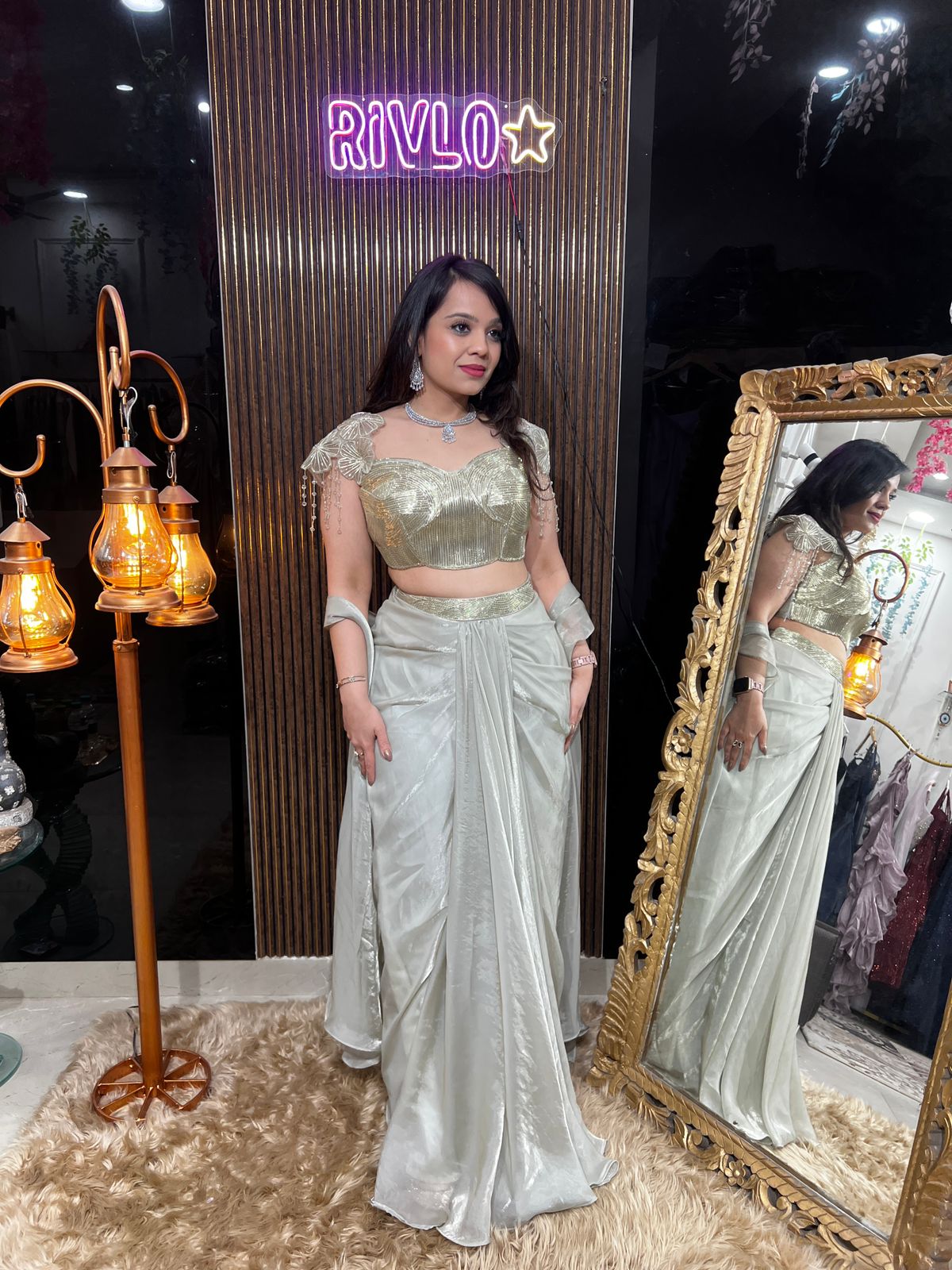 Ivory Metallic Pre-Draped Saree with Structured Blouse & Sheer Cape Sleeves AC43