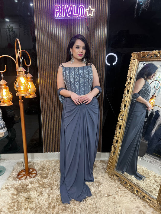 Charcoal Grey, Green,Brown Pre-Draped Saree with Embroidered Corset Blouse RC483