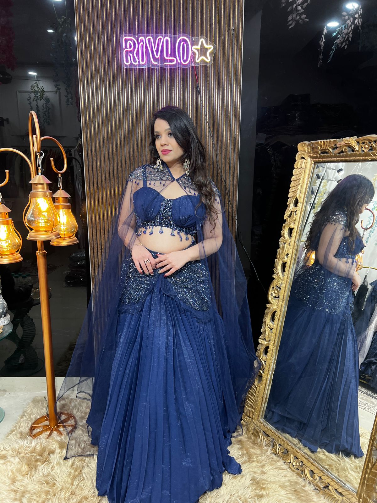 Elegant Blue Pleated Lehnega With Cape AC49
